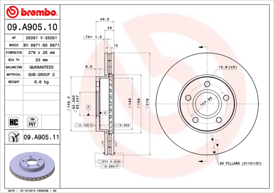 Тормозні диски Колодки Brembo Перед - FORD FOCUS Mk3 278mm Сторона кабіни перед foto 0