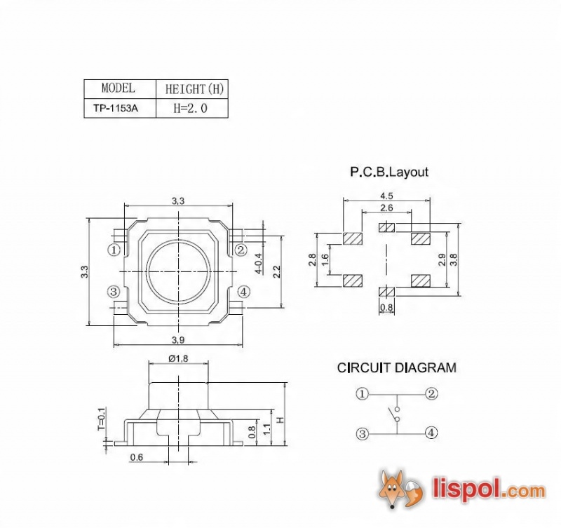 Кнопка Такт Переключатель SMD, 3.3x3.3, высота 2 мм Символ lispol.com