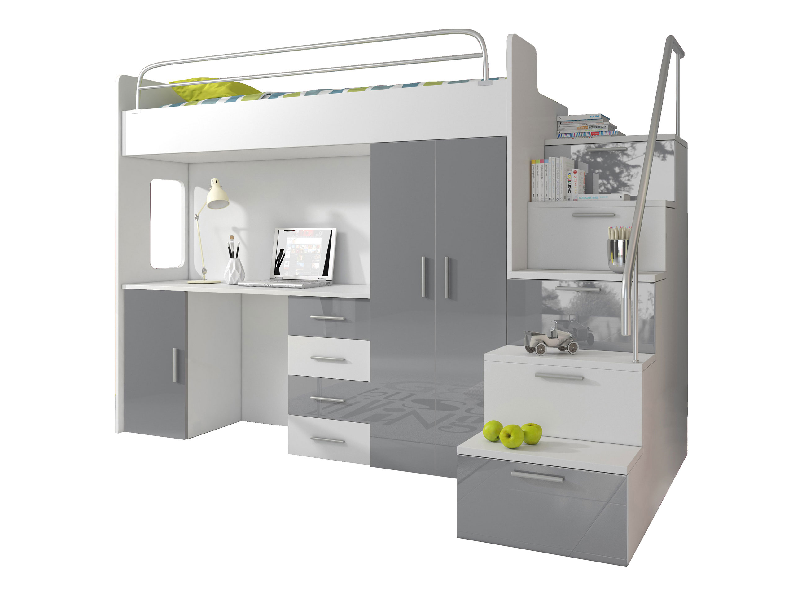 Antresola RAJ IV s - biurko + szafa + schodki - biało / biały połysk Kod producenta Raj 4s biały połysk