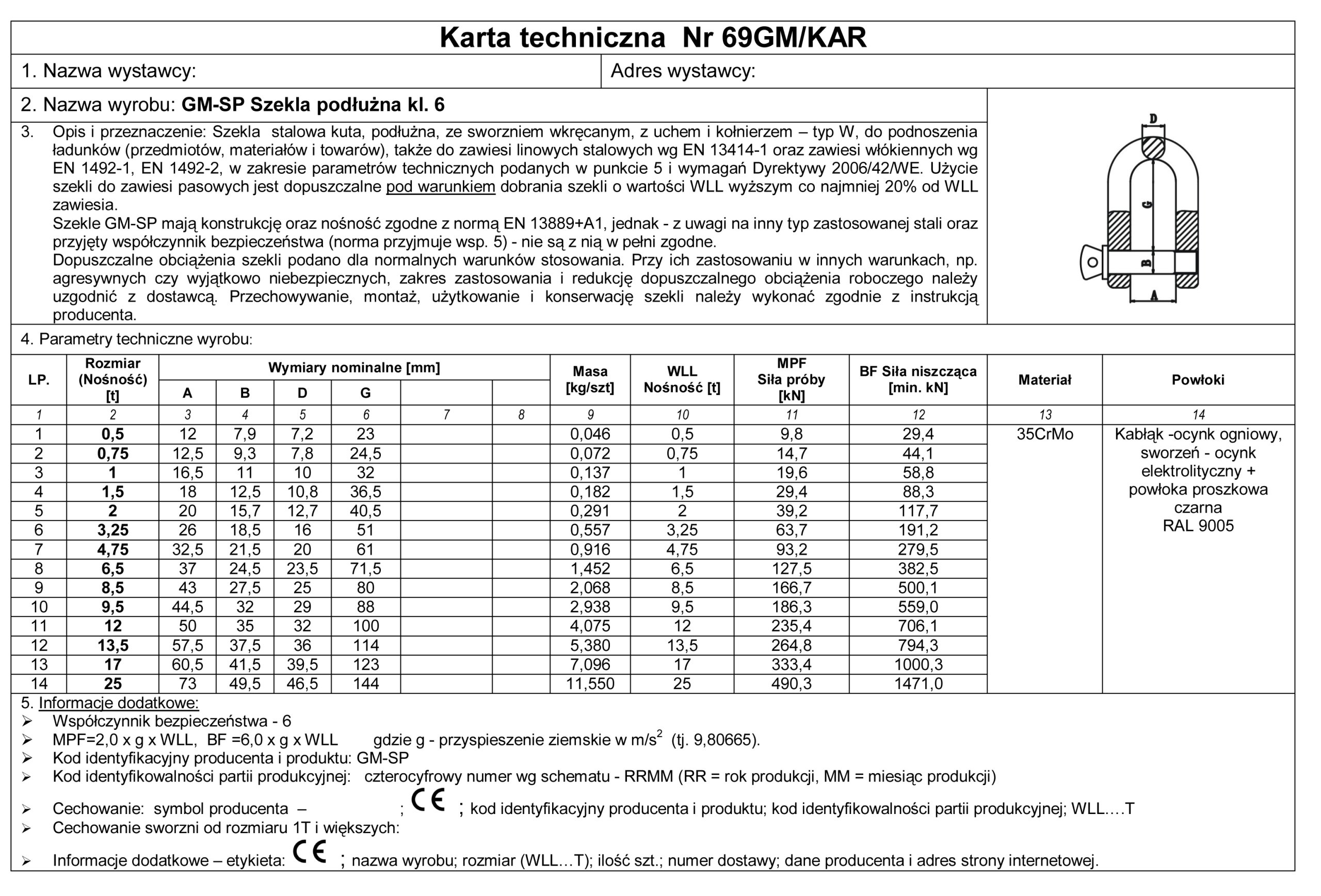 SZEKLA PODŁUŻNA KL. 6 KUTA ATEST - 0,75T - 1 SZT. Marka inna