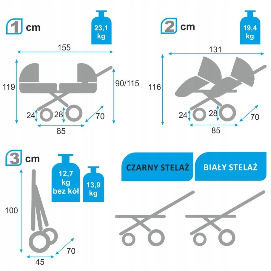 Baby Active TWINNI - Wózek bliźniaczy TWINNY 3w1 Rodzaj kół Żelowe