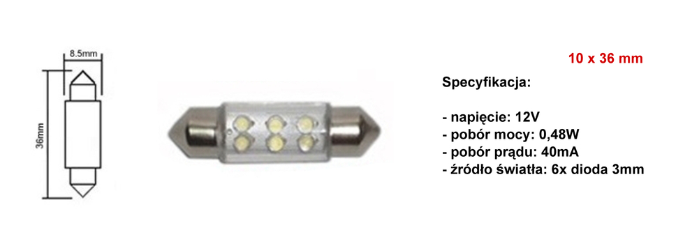 Żarówka rurkowa 6 LED C5W C10W 12V 36mm 36 festoon Producent inny