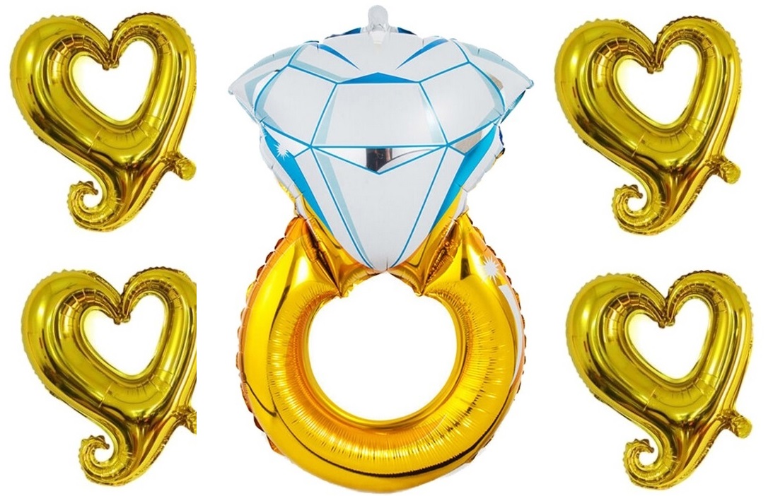 

Balon Pierścionek XXL 100cm +4 serca XL 80cm złote