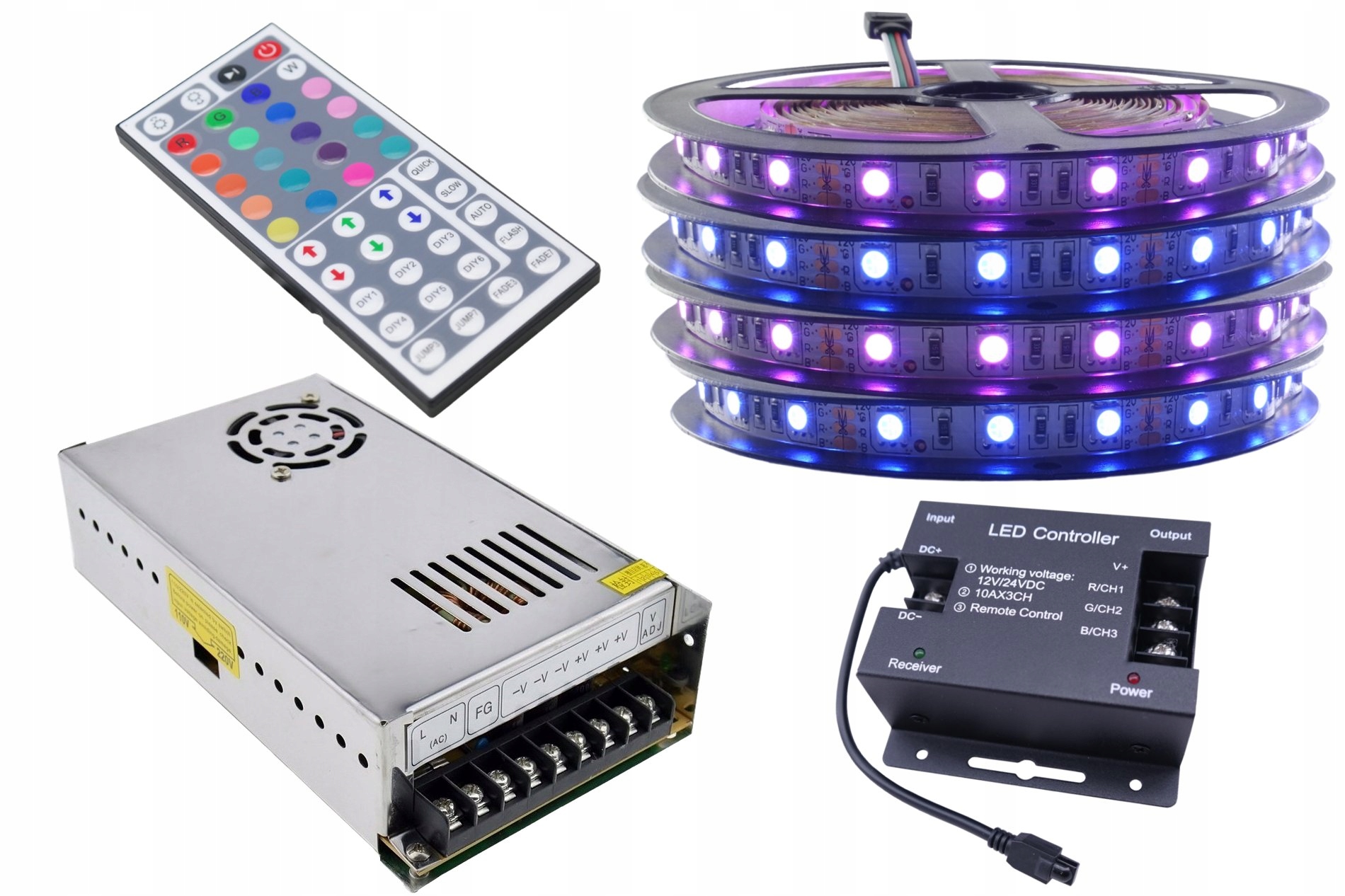 

Zestaw taśma Led 300 Smd Rgb 5050 sterownik 20m