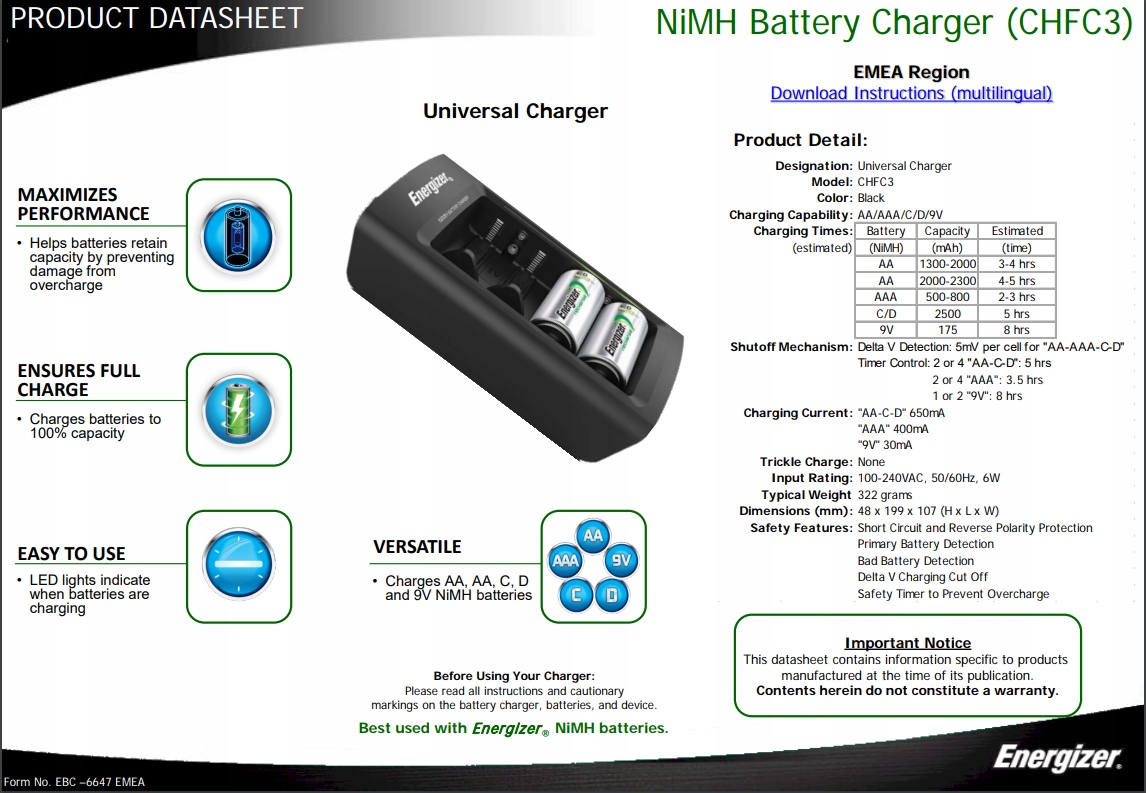 ŁADOWARKA ENERGIZER UNIVERSAL R3 R6 R14 R20 9V Model Universal