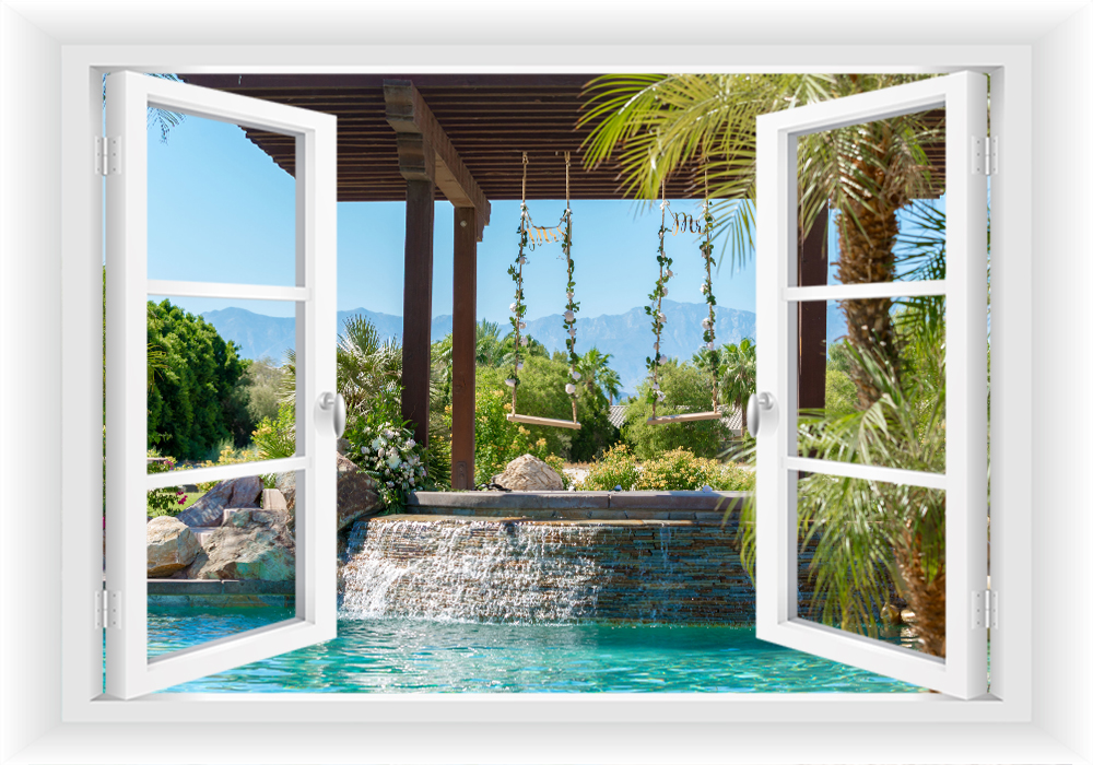 

Fototapeta Okno 3D Widok Palma Kwiaty Woda 150x100