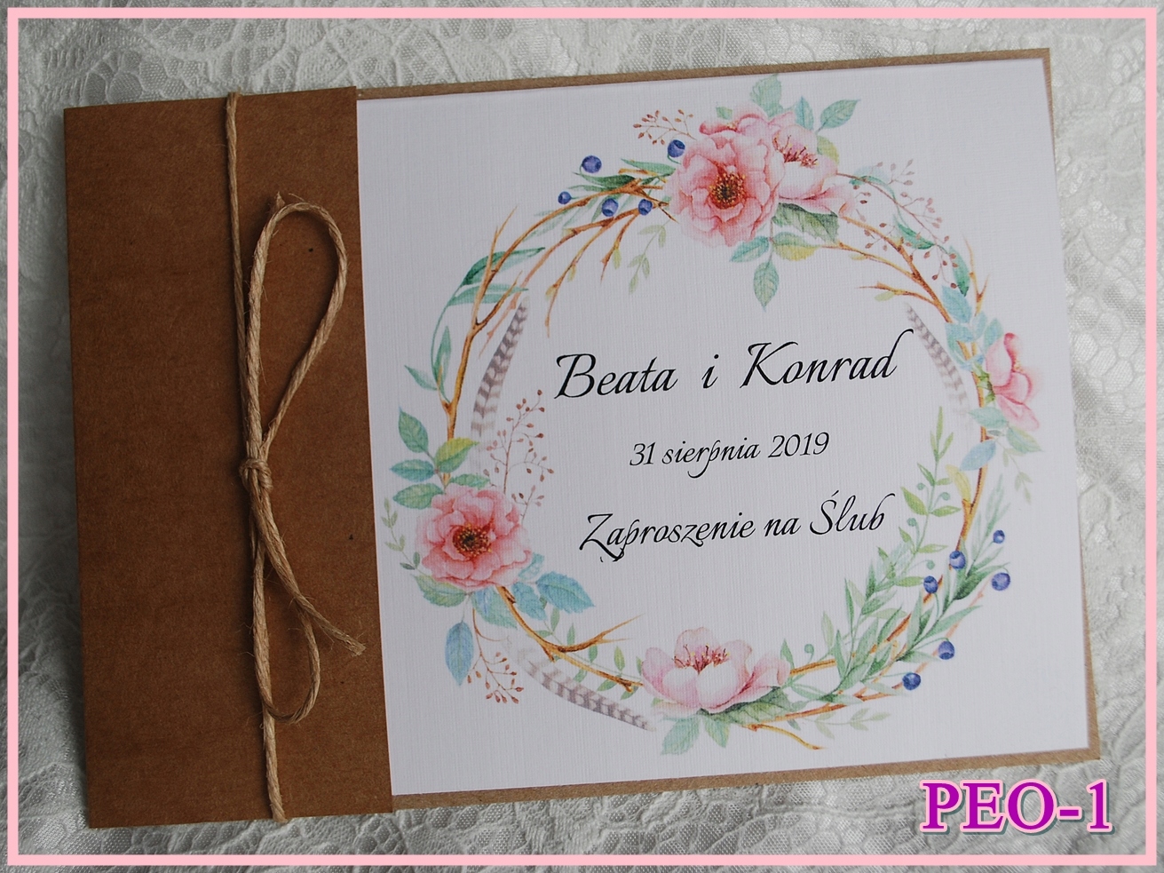 ZAPROSZENIA ŚLUBNE RUSTYKALNE piwonie + KOPERTA Marka bez marki