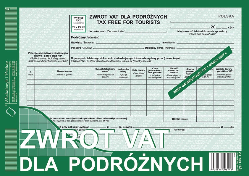 

Druk Zwrot Vat Dla Podróżnych Tax Free A4 180-1U
