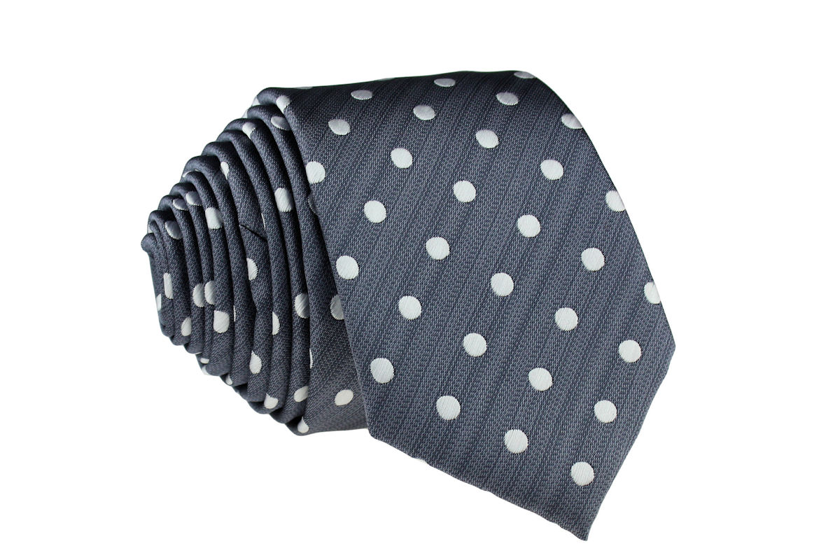 

Krawat Wąski Śledź 6 cm - Szary W Białe Kropki