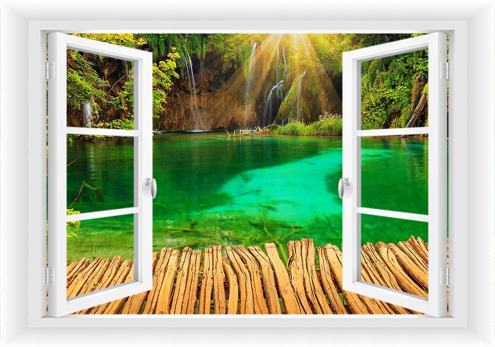 

Fototapeta Okno 3D Góry Drzewa Wodospady 195x130