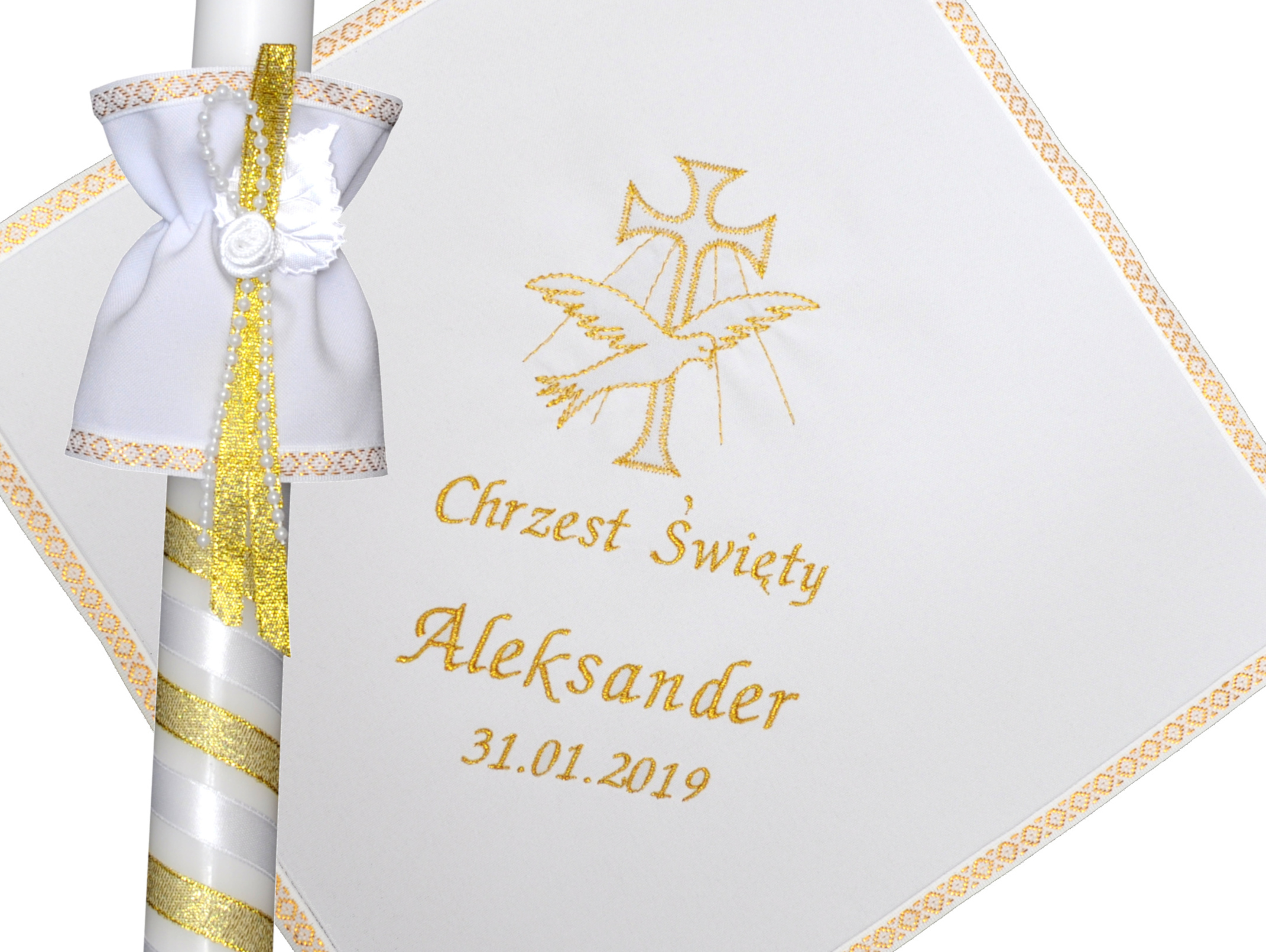 ŚWIECA I SZATKA DO CHRZTU NA CHRZEST IMIĘ DATA Płeć Uniseks