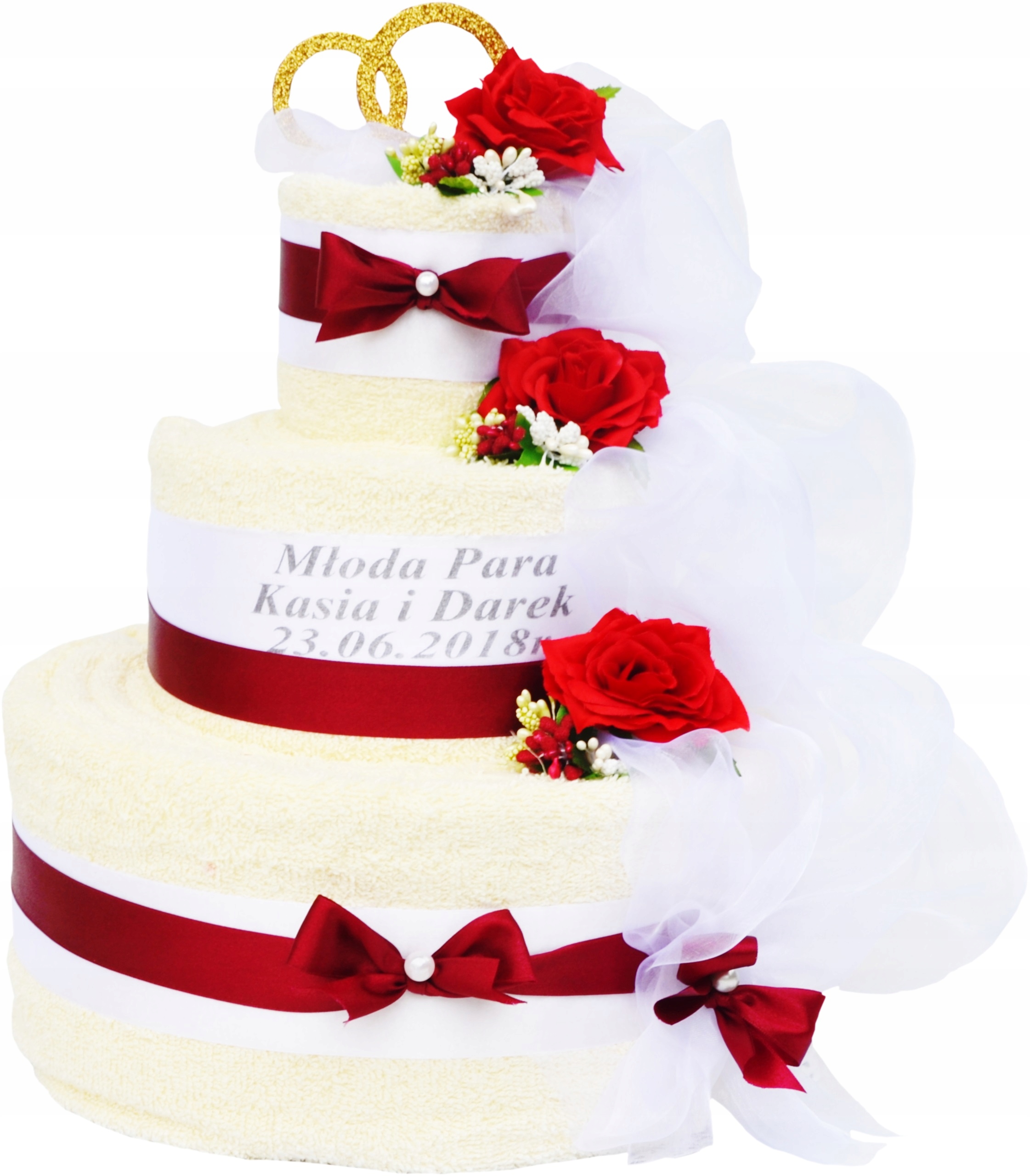 Oryginalny Prezent na Ślub Tort z 4 DUŻYCH GRUBYCH Ręczników GRATIS NAPIS Kod producenta Rocznicę Ślubu z Dedykacją Ręczniki