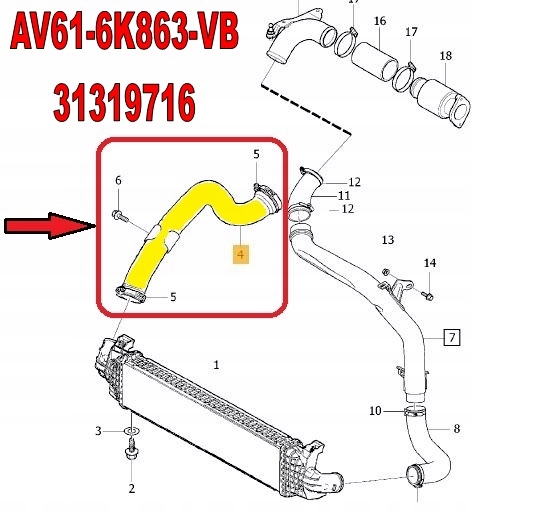 RURA INTERCOOLERA VOLVO V70 1 6 D2 AV61 6K863 VB Part number AV61 6K863 VB