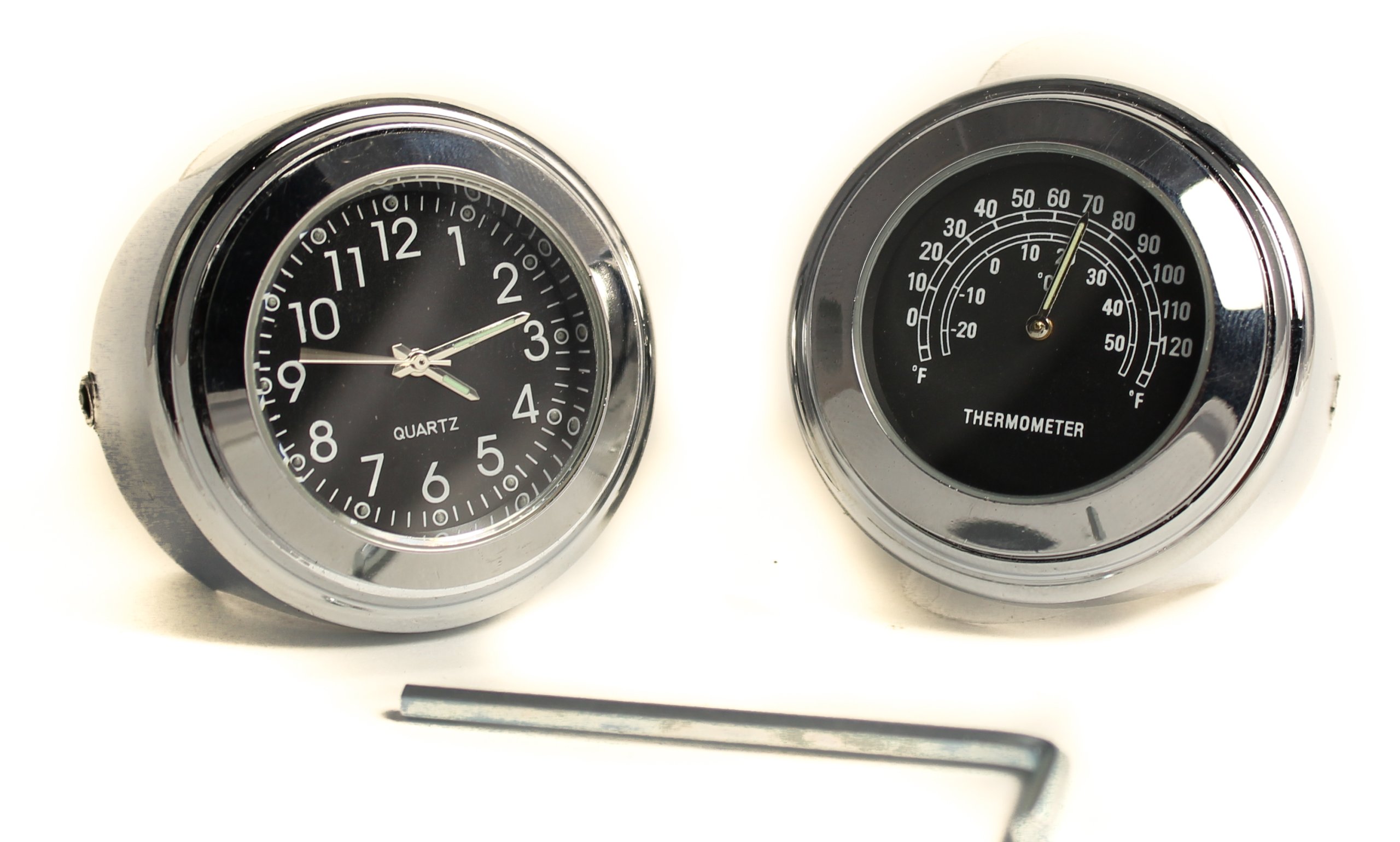 CHROM CHROMOWANY ZEGAREK + TERMOMETR NA KIEROWNICĘ MOTOCYKLOWY METALOWY