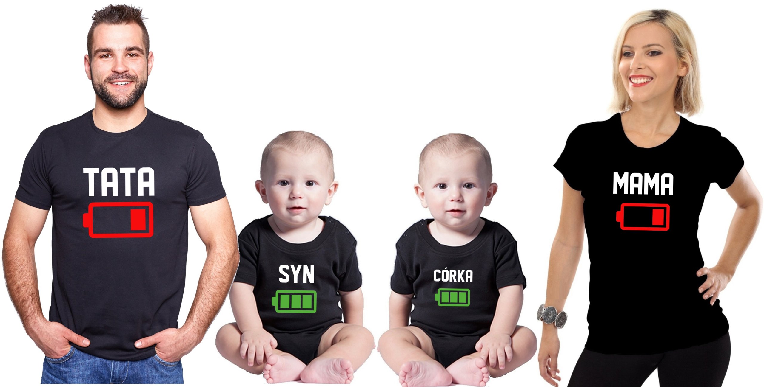 

4szt Koszulki Rodzinne Tata Mama Córka Syn Baterie