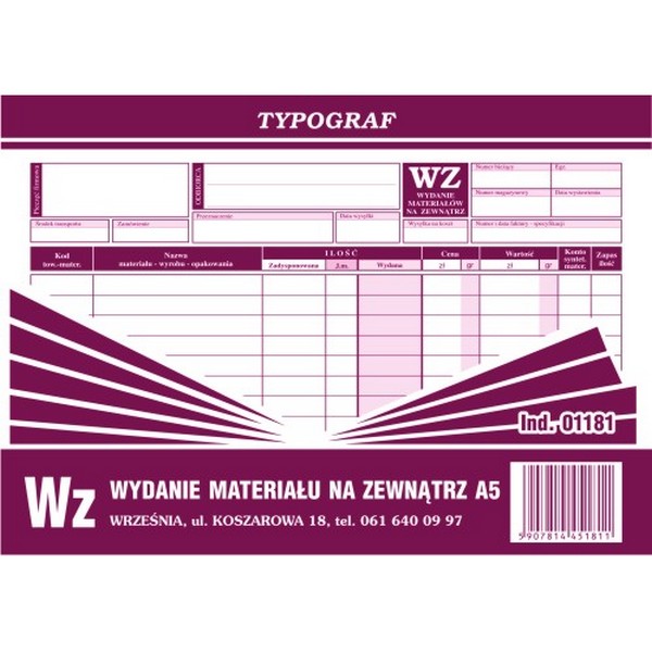 

Wz wydanie materiału na zewnątrz A5 Typograf