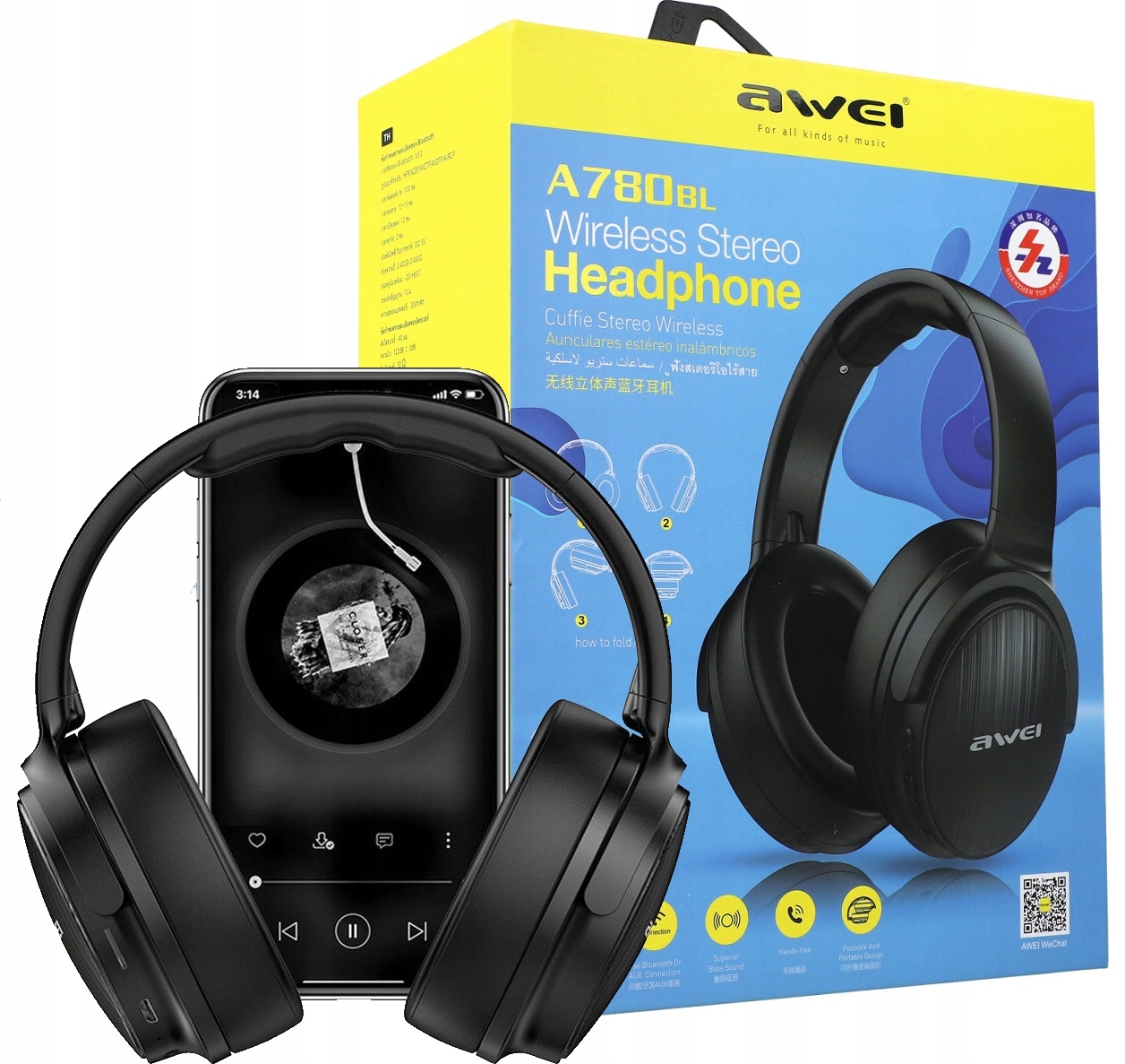 Nauszne słuchawki bezprzewodowe Bluetooth port Aux, Sd, Awei A780BL
