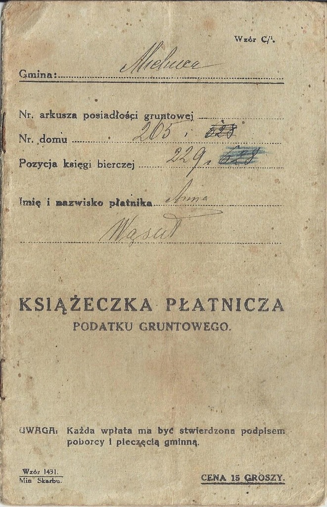 KSIĄŻ. PŁATNICZA PODATKU MIELNICA PODOLSKA 1925