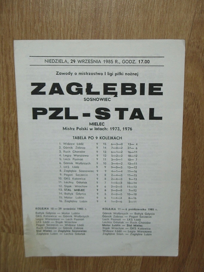 ZAGŁĘBIE SOSNOWIEC - STAL MIELEC program z 1985