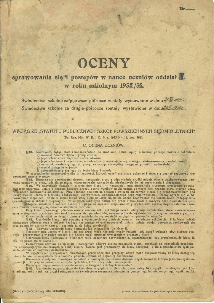 ZESTAWIENIE OCEN UCZNIÓW BIELICZE KRESY 1925 