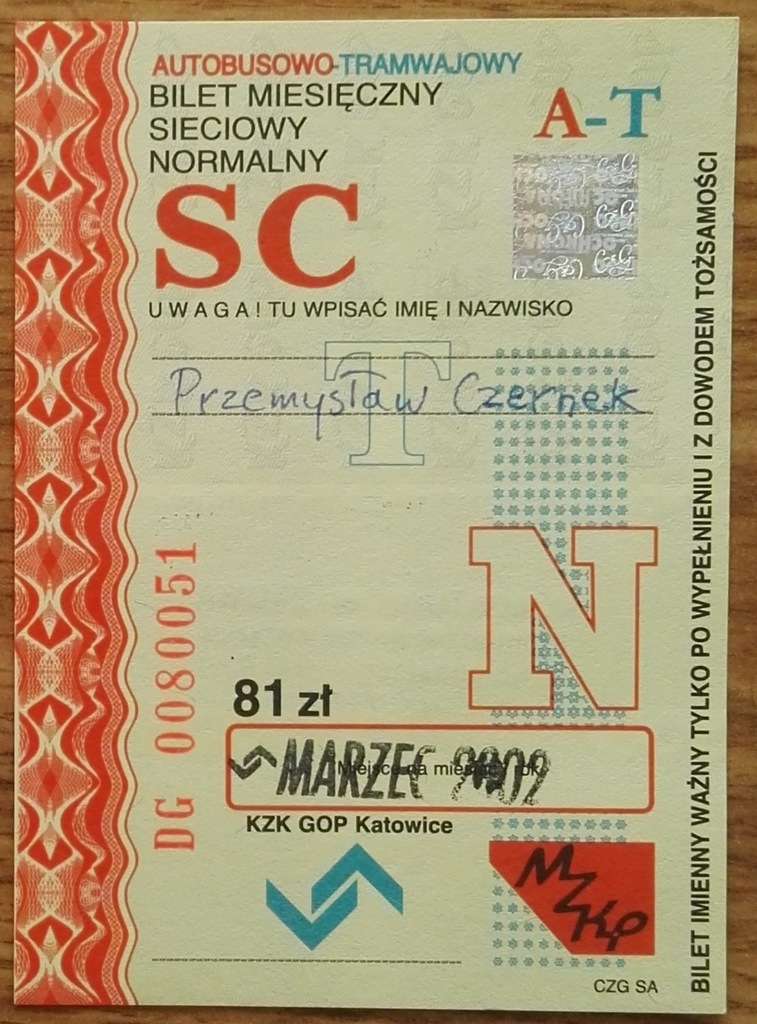 bilet autobusowy miesięczny Katowice 2002