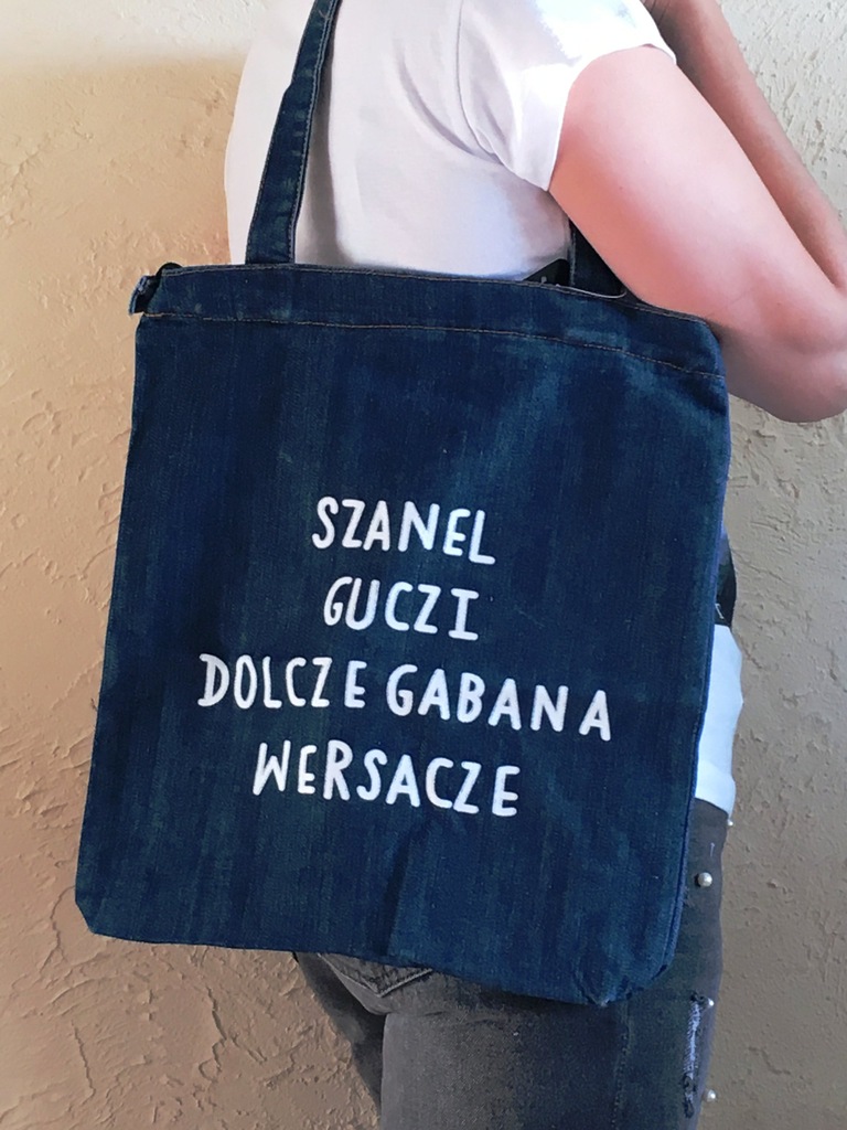 Torba Jeansowa z Napisem, Torebka damska Nadruk