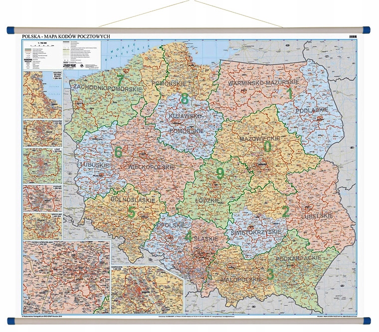 Polska mapa kody pocztowe ścienna