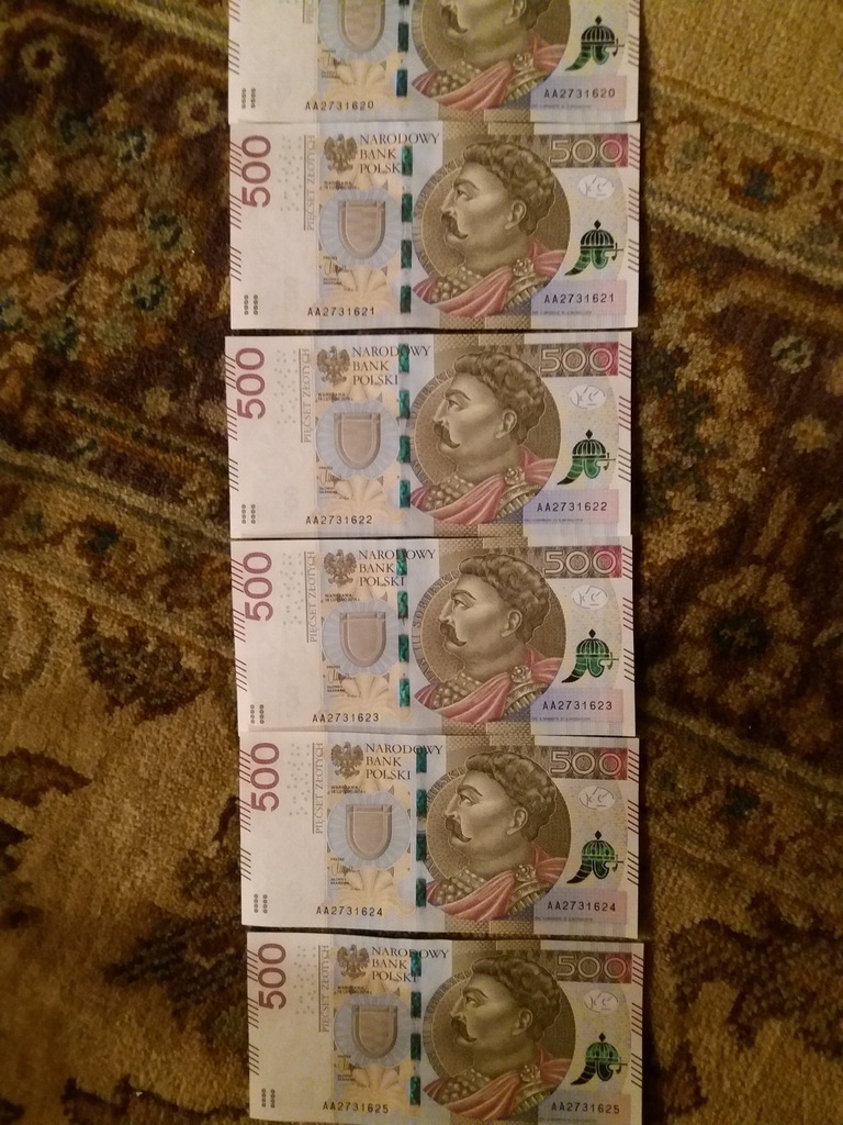 Banknot 500 zł zestaw, od AA2731620 do AA2731625