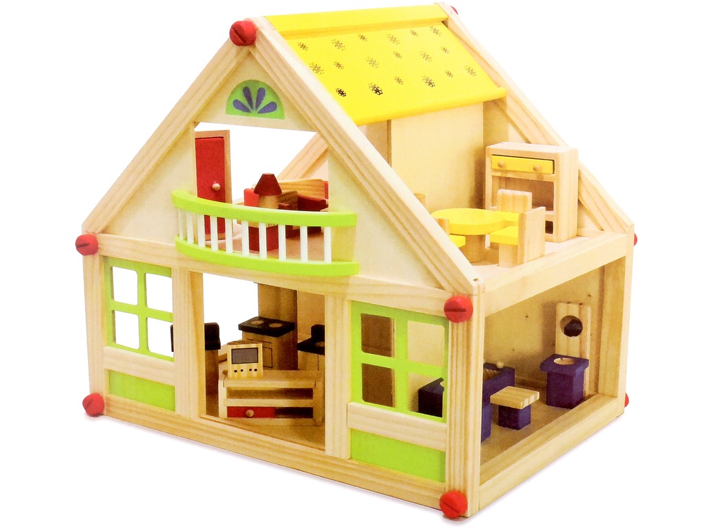 HH Drewniany DOMEK Dla LALEK z BALKONEM Meble