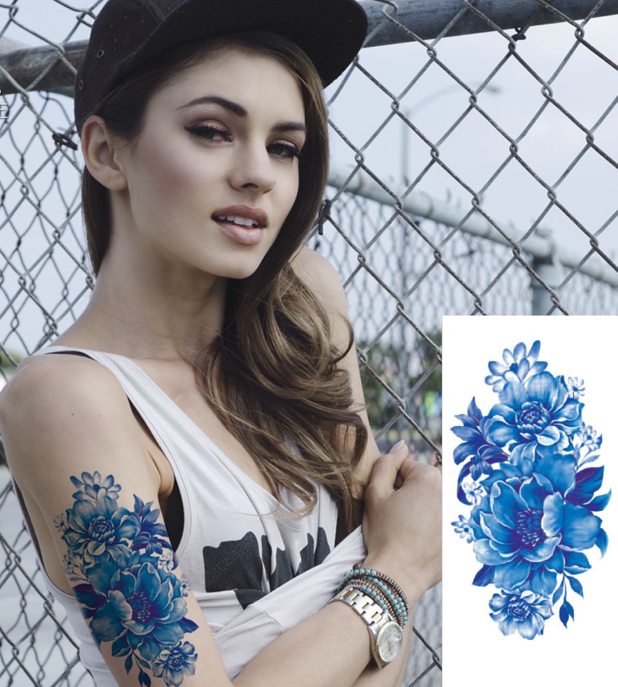 Tatuaz zmywalny 3D Blue flowers tattoo