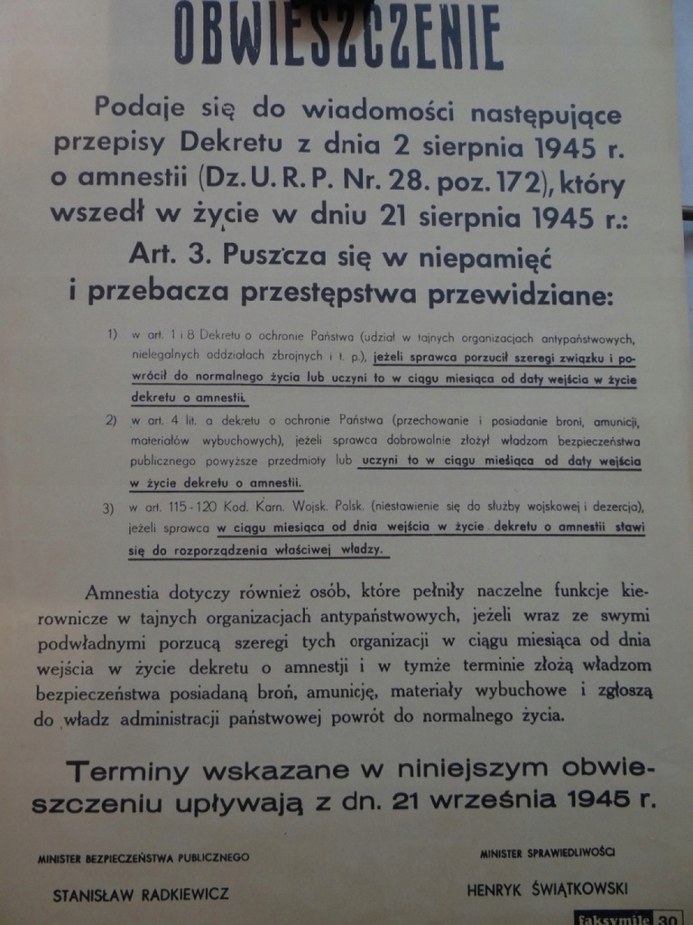 OBWIESZCZENIE o AMNESTII ŻOŁNIERZE WYKLĘCI 1945
