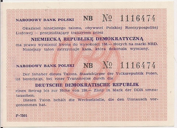 Czek podróż NBP do wym 150 zł na marki NRD