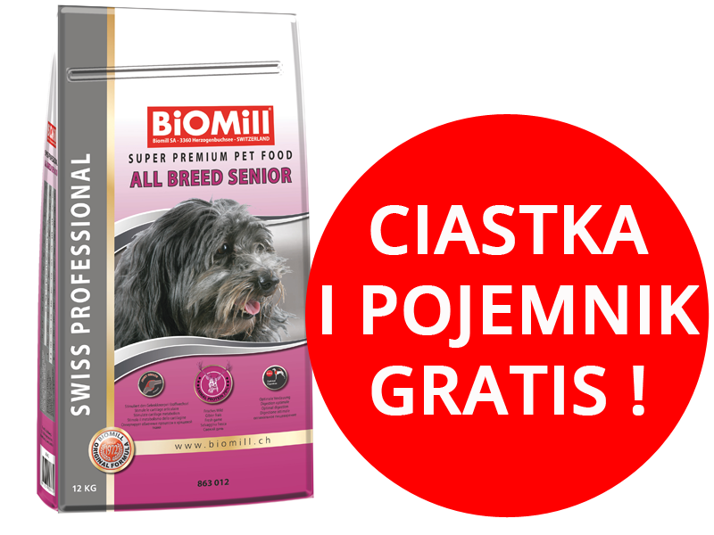 Karma BiOMill dla psa 7lat 12kg +ciastka +pojemnik