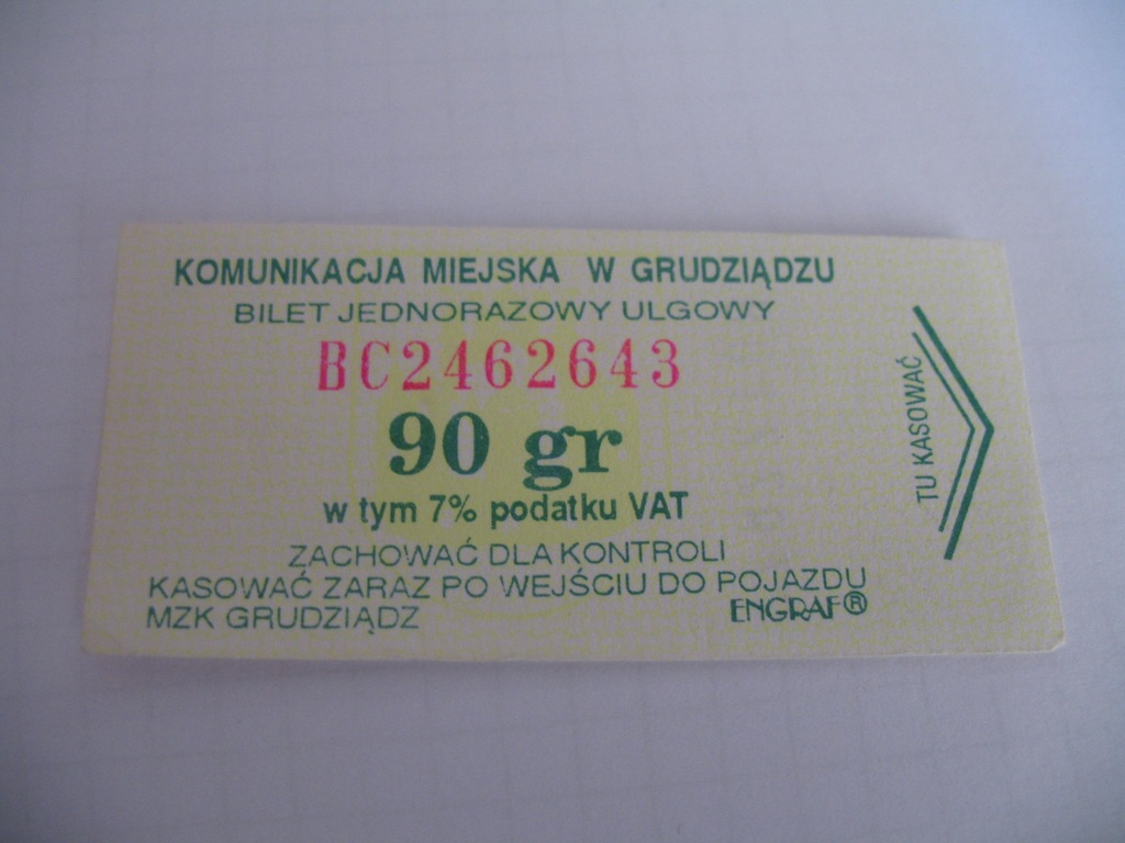 Bilet MZK Grudziądz 90 gr