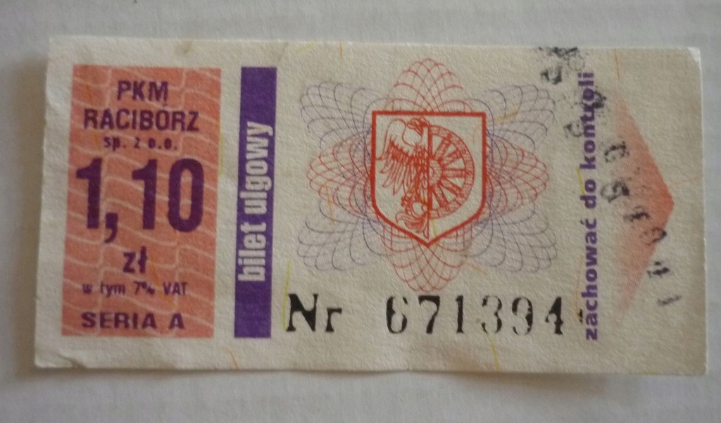 bilet autobusowy PKM RACIBÓRZ Ser. A 1,10