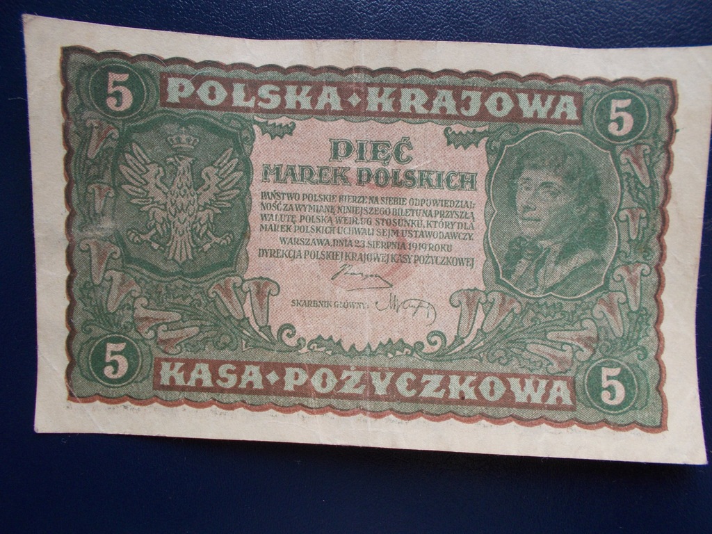 Banknot-5 MAREK POLSKICH -1919-RZADKI-UNC!!!!!!!