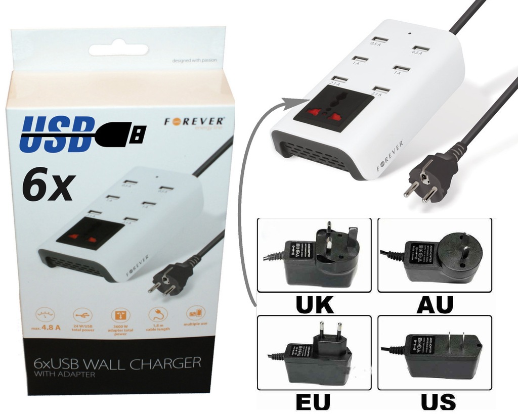 2w1 ładowarka sieciowa 6x USB + adapter UK USA EU