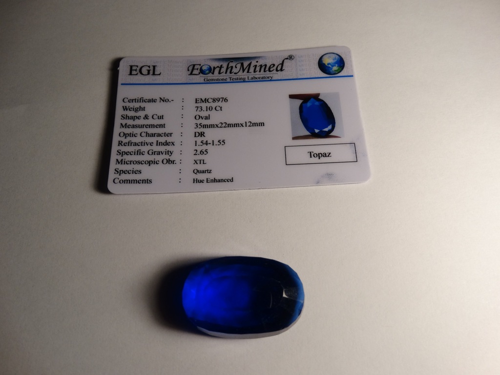 Topaz niebieski 73.10ct certyfikat EGL