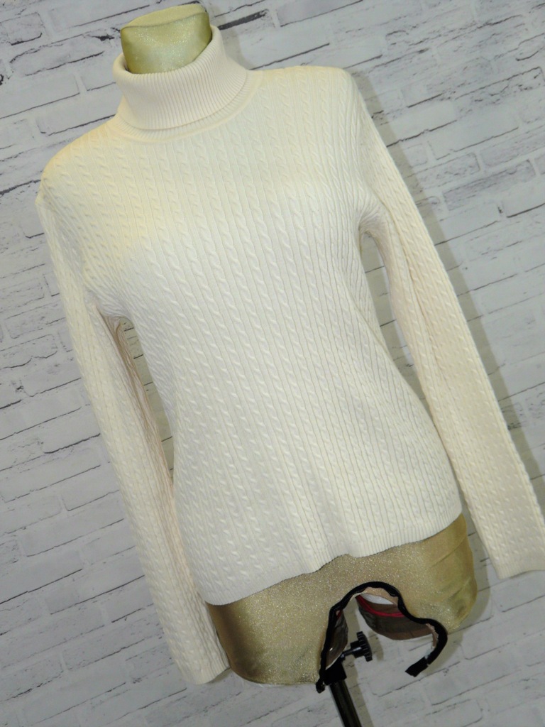 ANNE KLEIN kremowy sweter golf warkocze bawełna M