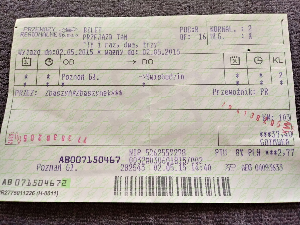 BILET PKP POZNAŃ GŁÓWNY ZBĄSZYNEK ŚWIEBODZIN 2015