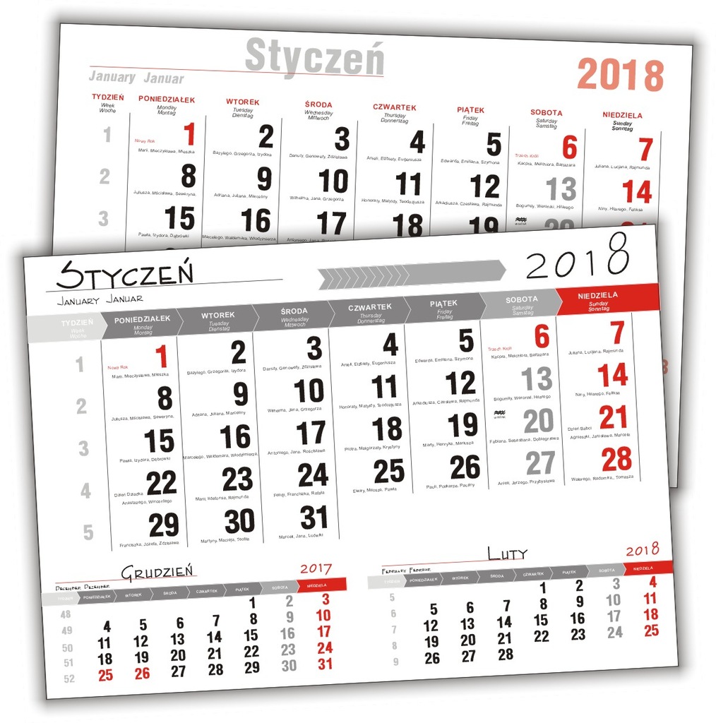 Kalendaria jednodzielne z imieninami 2018 -2 wzory