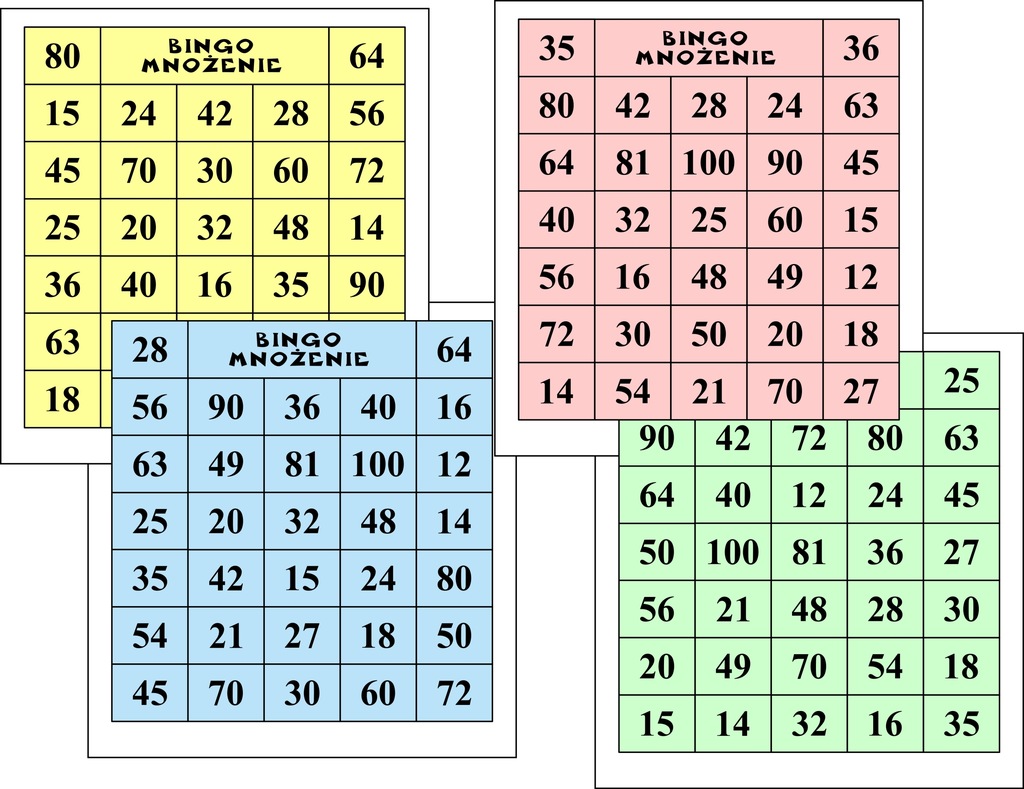 MATY BINGO MNOŻENIE 4 SZT TABLICZKA MNOŻENIA NAUKA