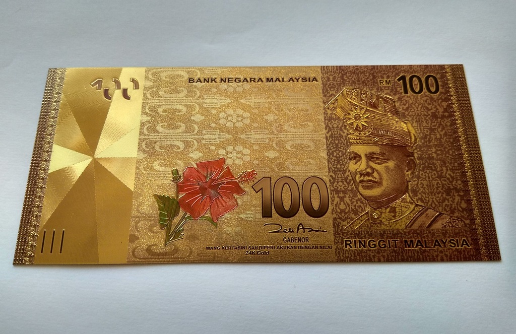 MALEZJA - 100 RINGGIT -banknot kolorowy- Au plated