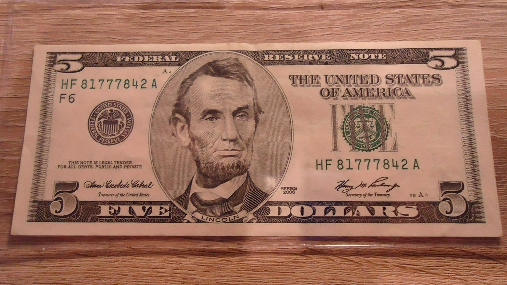 5 DOLARÓW , dolar USA Dollars seria HF- 2006 r. 