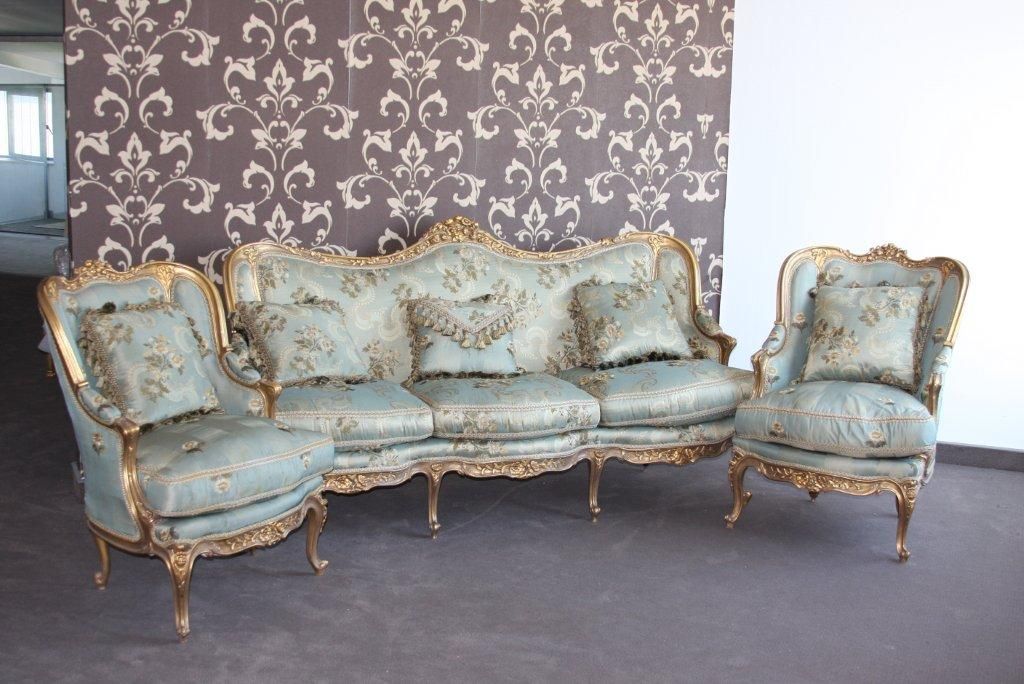 Zestaw mebli Ludwik XV obicie zielone sofa fotele