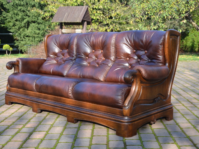 Skórzana sofa Kanapa na dębowym stelażu