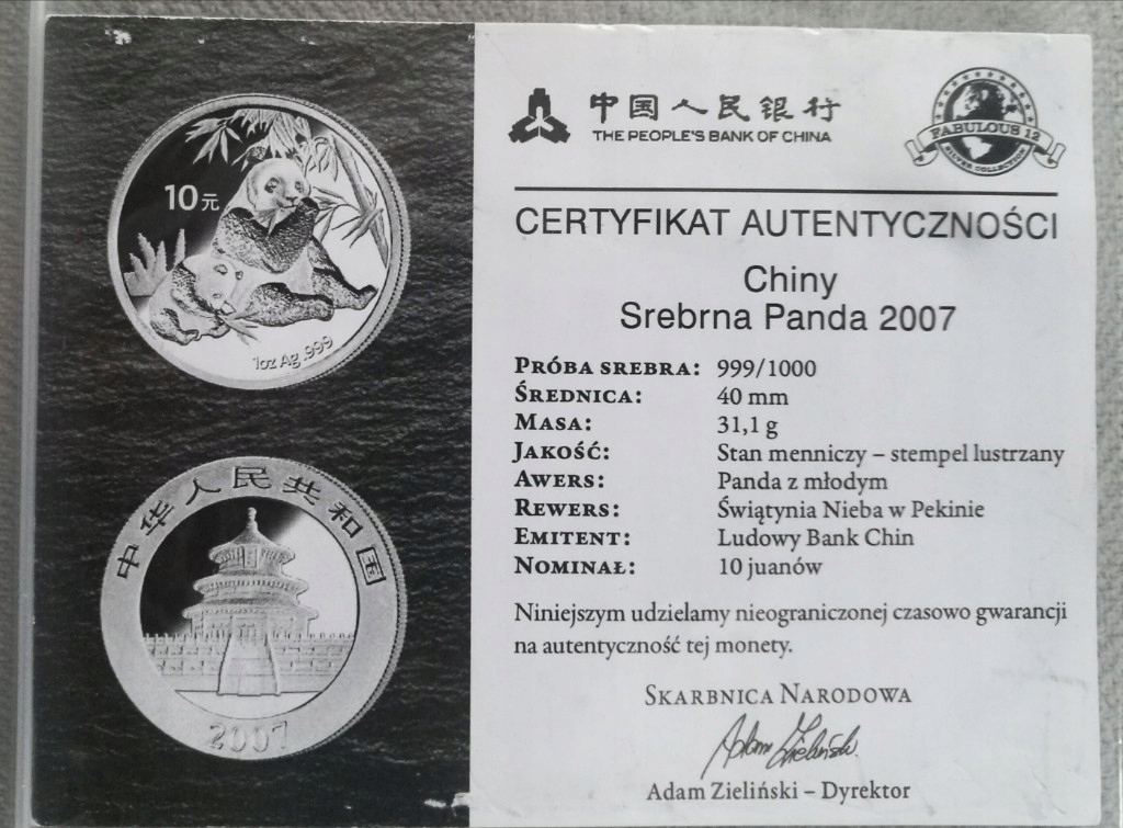 Certyfikat do monety Panda 2007 Chiny 1oz srebro