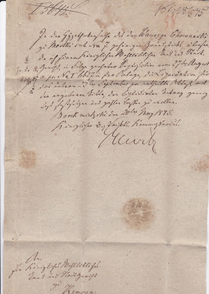 List Borek Mielęcki - Kępno 1845 Wawrzyn Chowański