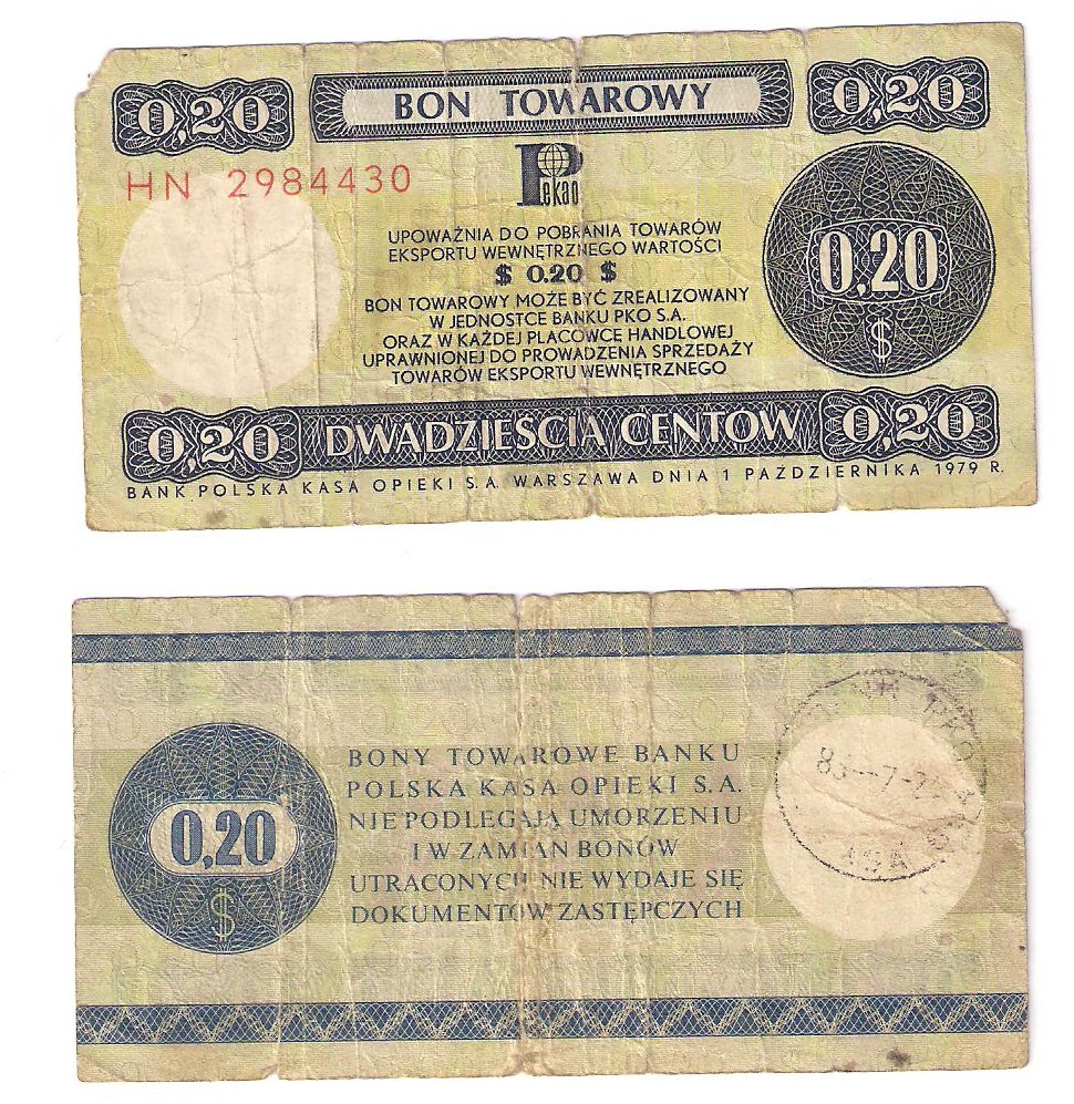 Polska 20 centów bon towarowy 1979
