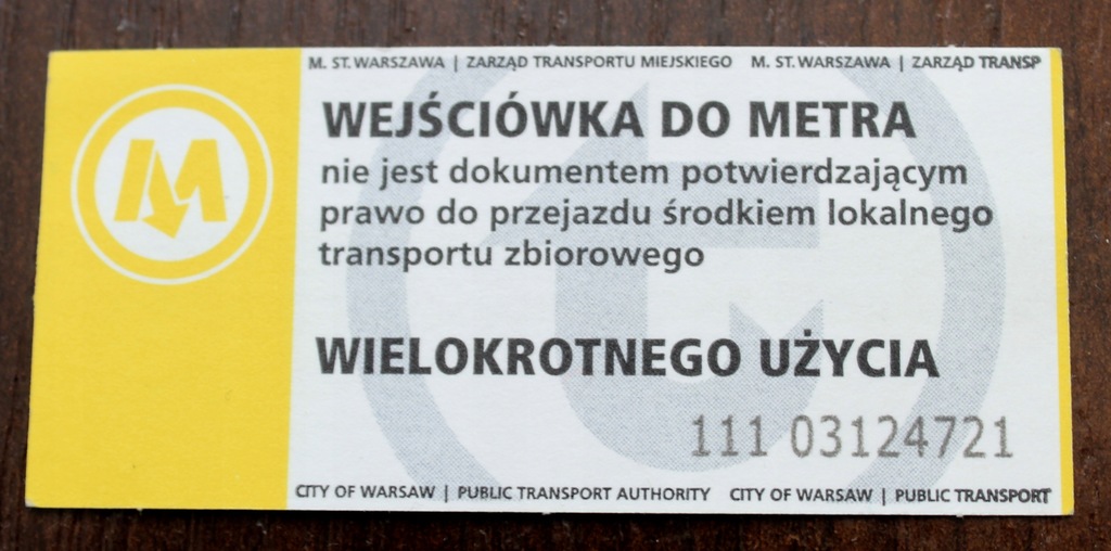 Bilet wejściówka do metra Warszawa 2